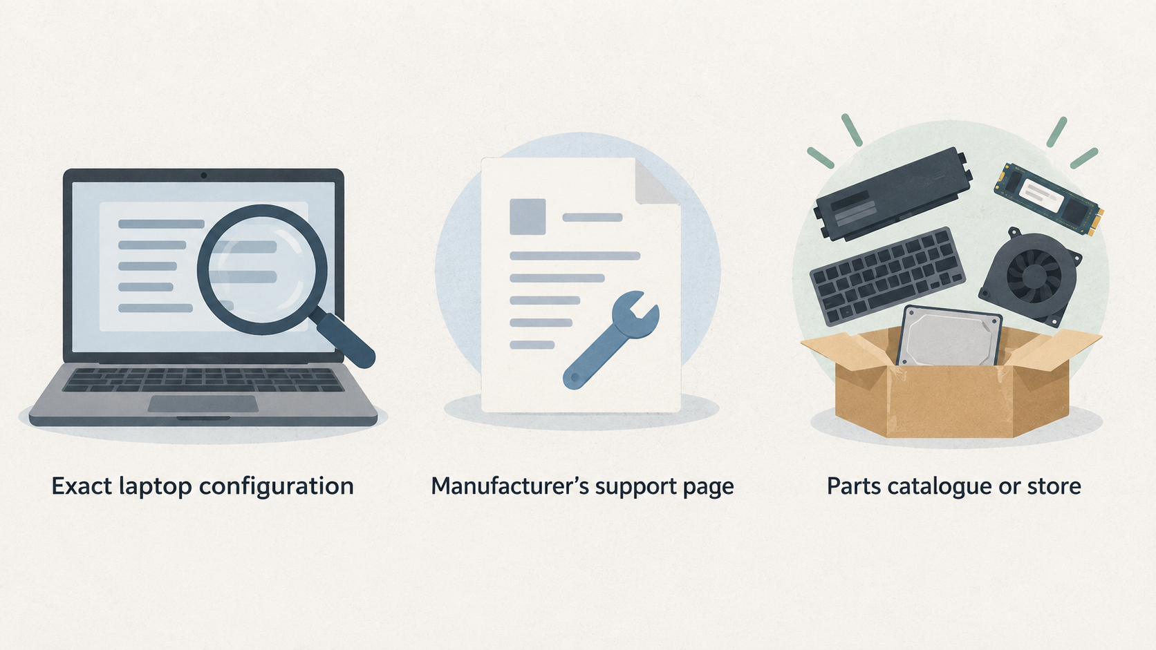 Show a numbered checklist of the section’s five repairability checks: precise-model support page; parts catalogue or store; model-specific repair instructions; memory and storage fit and supported upgrades; warranty and service conditions.