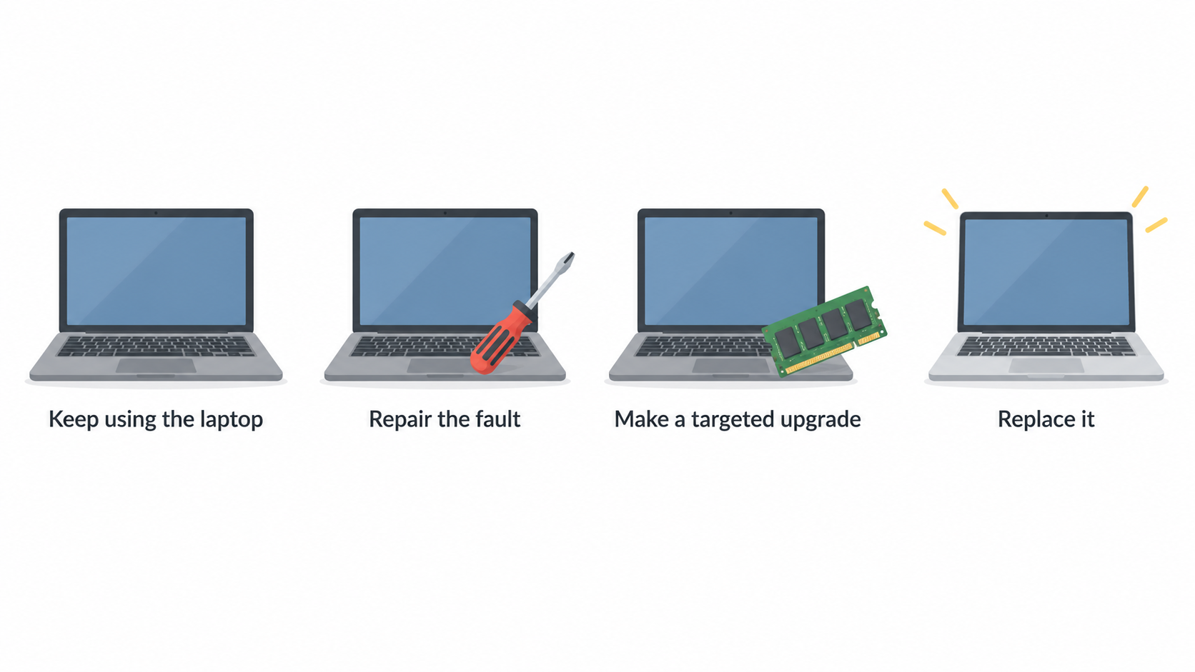 Show the section’s four realistic paths in one row of four icons labeled “Keep using the laptop”, “Repair the fault”, “Make a targeted upgrade” and “Replace it”.