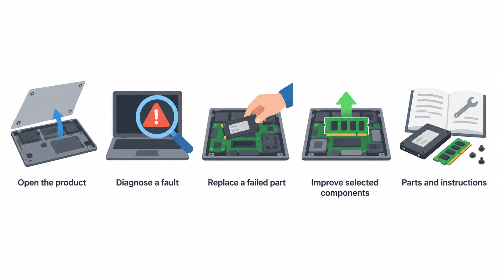 Show the section's five pre-purchase checks as one numbered checklist: likely service items access, parts and repair instructions, exact-model upgrades, repair responsibility, and warranty or procurement arrangement.