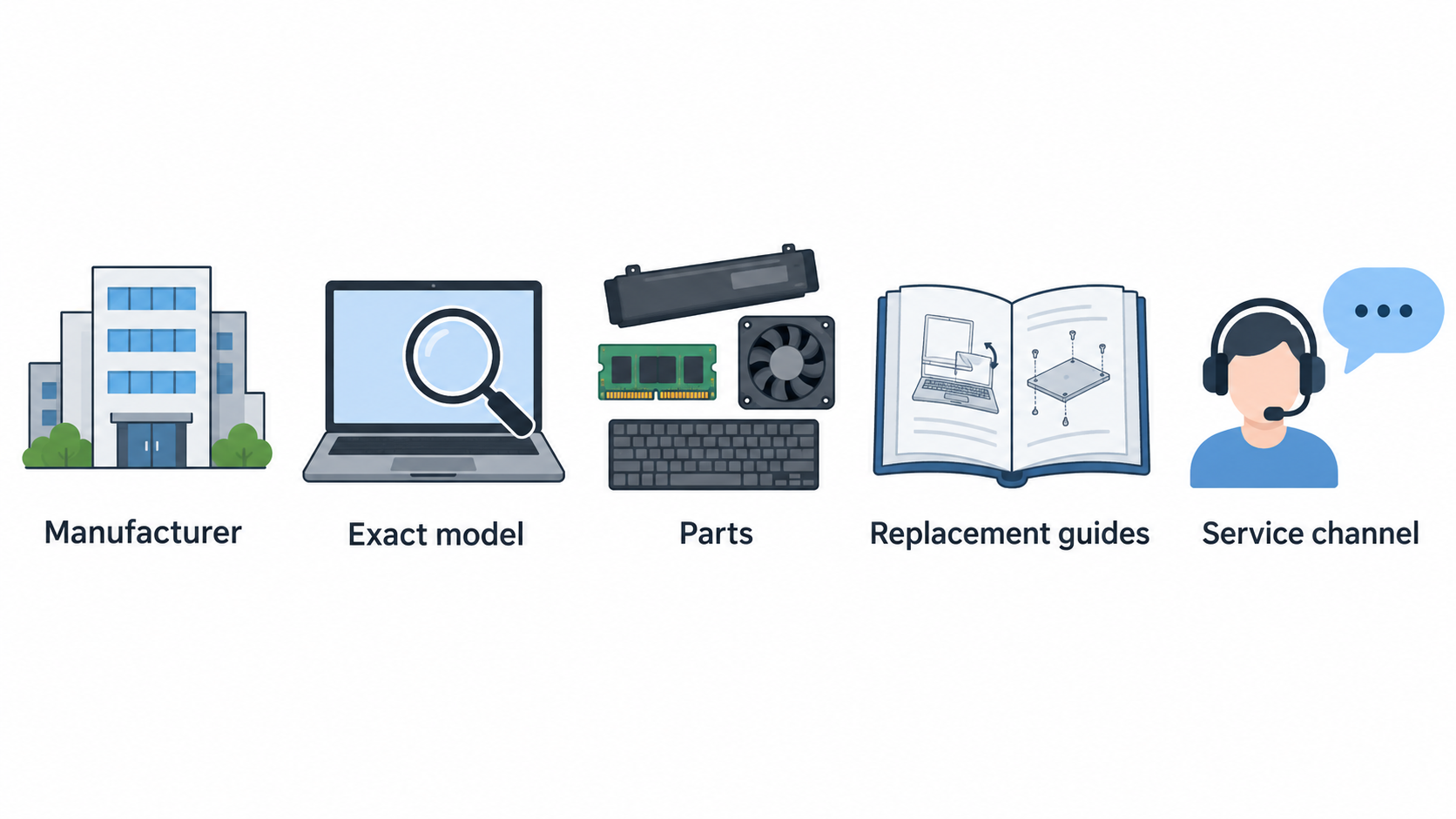Show one row of icons for the section’s five checks before treating a part as a long-term ownership benefit: part name or number; region-specific availability; price; delivery status; return restrictions.