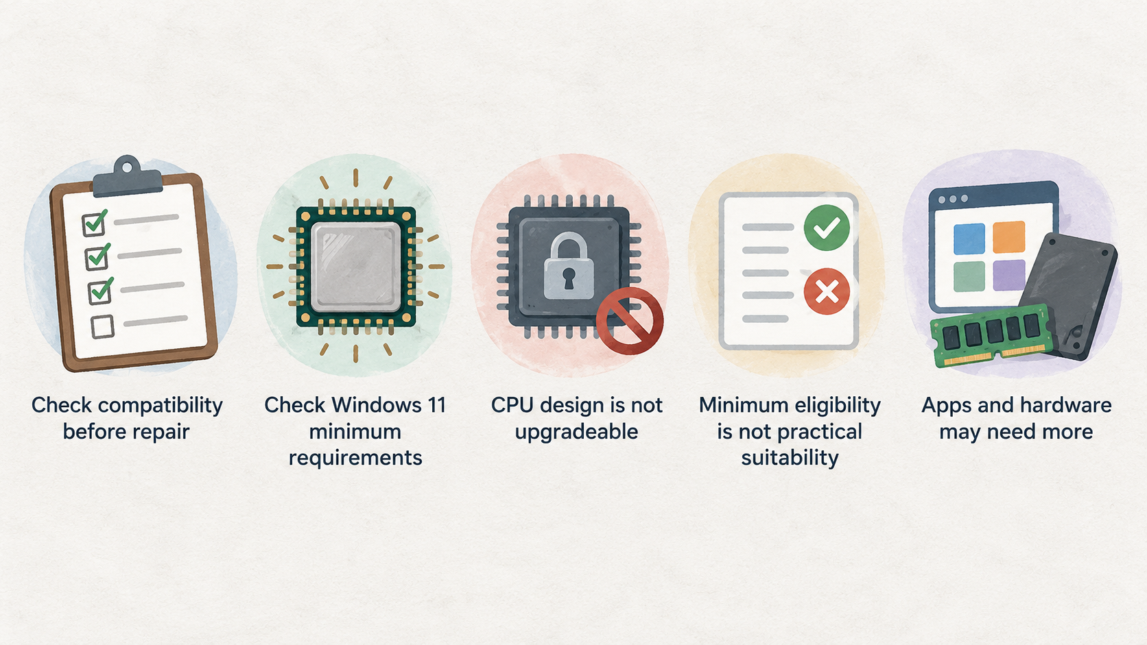 Summarize the section’s four compatibility checks in one numbered checklist: “Confirm approved processor, RAM and storage”, “Check application, peripheral and feature