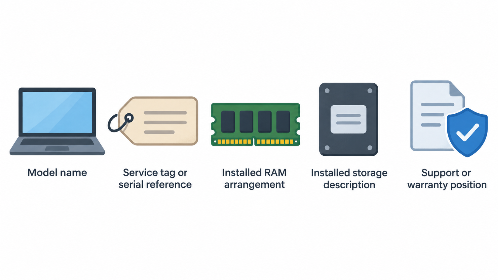 Show one numbered checklist of the section's four pre-purchase steps: identify the exact model and current configuration; record the model and installed RAM, storage, and support details; use the manufacturer's documentation for that device; ask an appropriate source to confirm the part and return-