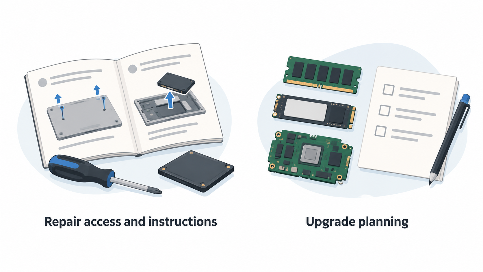 Show one horizontal row of four labeled icons: “Repair access and instructions,” “Upgrade planning,” “Parts and support,” and “Ownership horizon.”