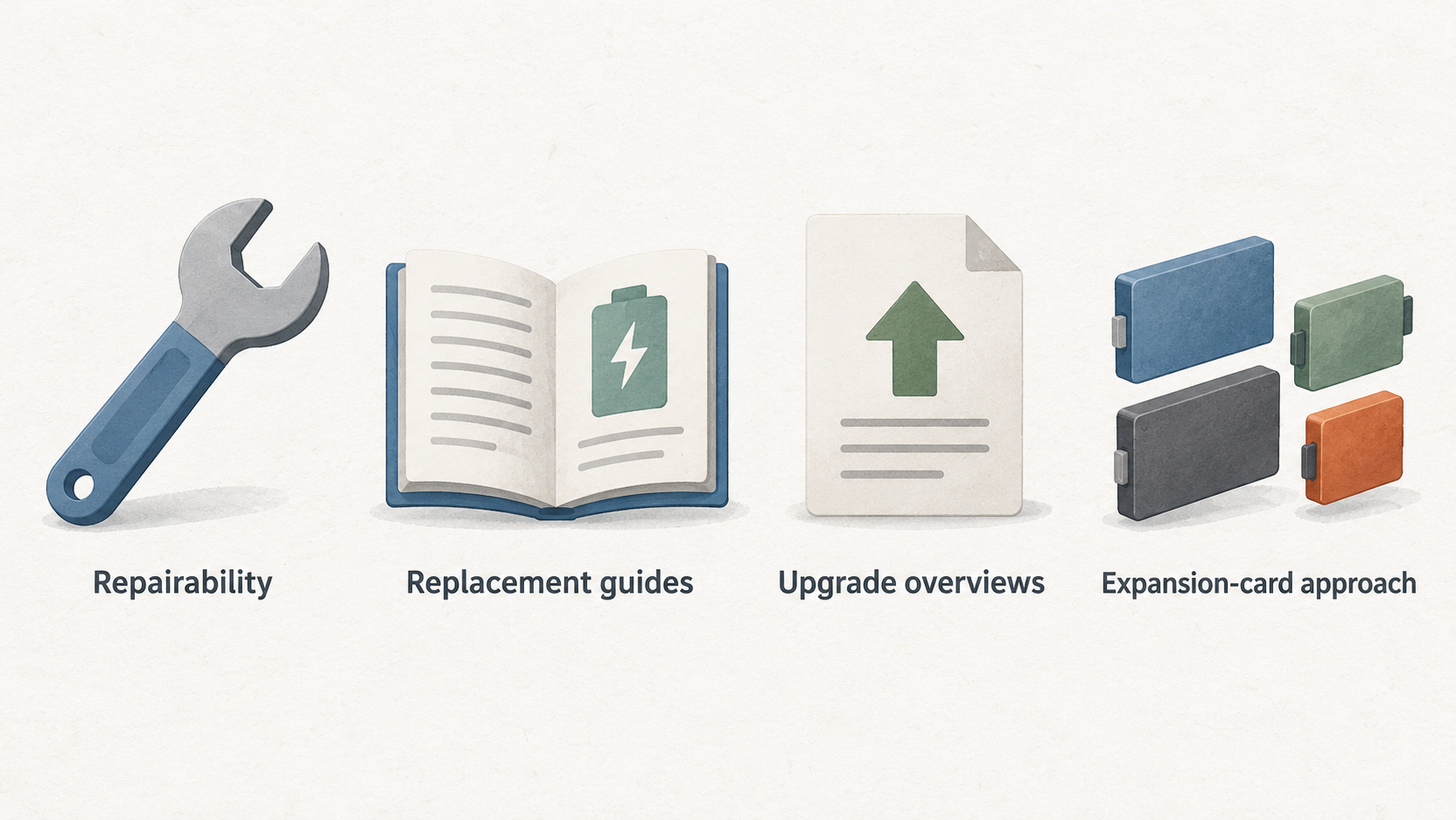 One row of three icons with short labels: component replacement; mainboard-era upgrade; port change.