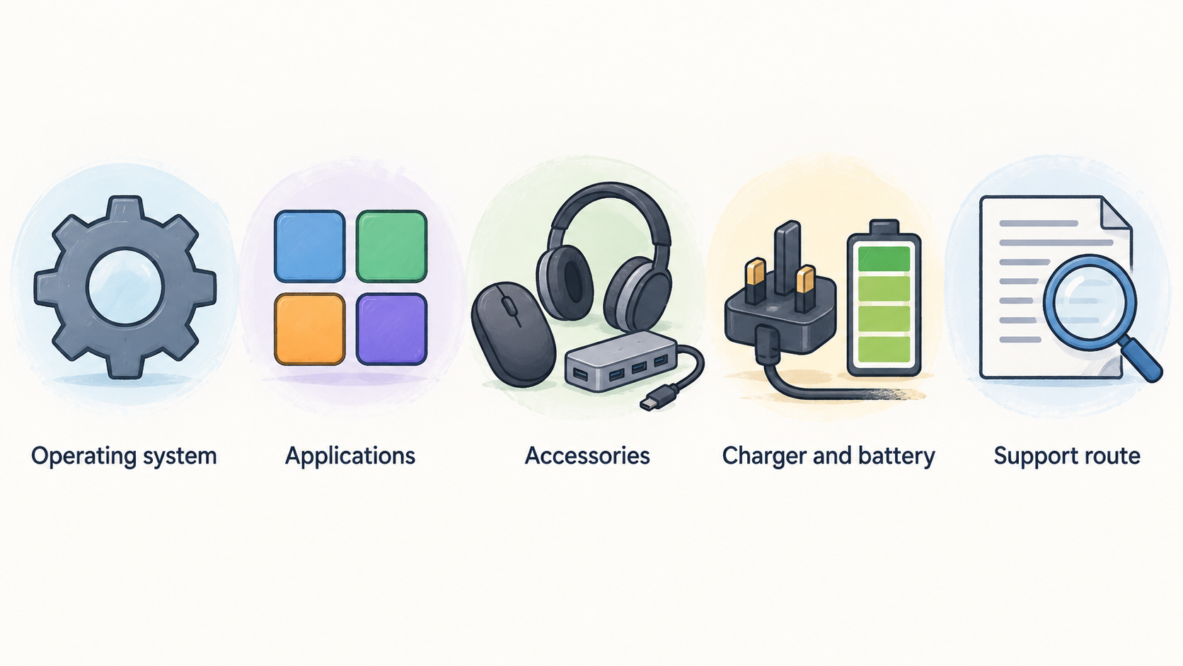 A split-scene editorial comparison of the section’s stated remote-worker and small-business priorities, using short labels for their respective operating-system, peripheral, identifier, support-documentation, warranty, and driver-maintenance concerns.
