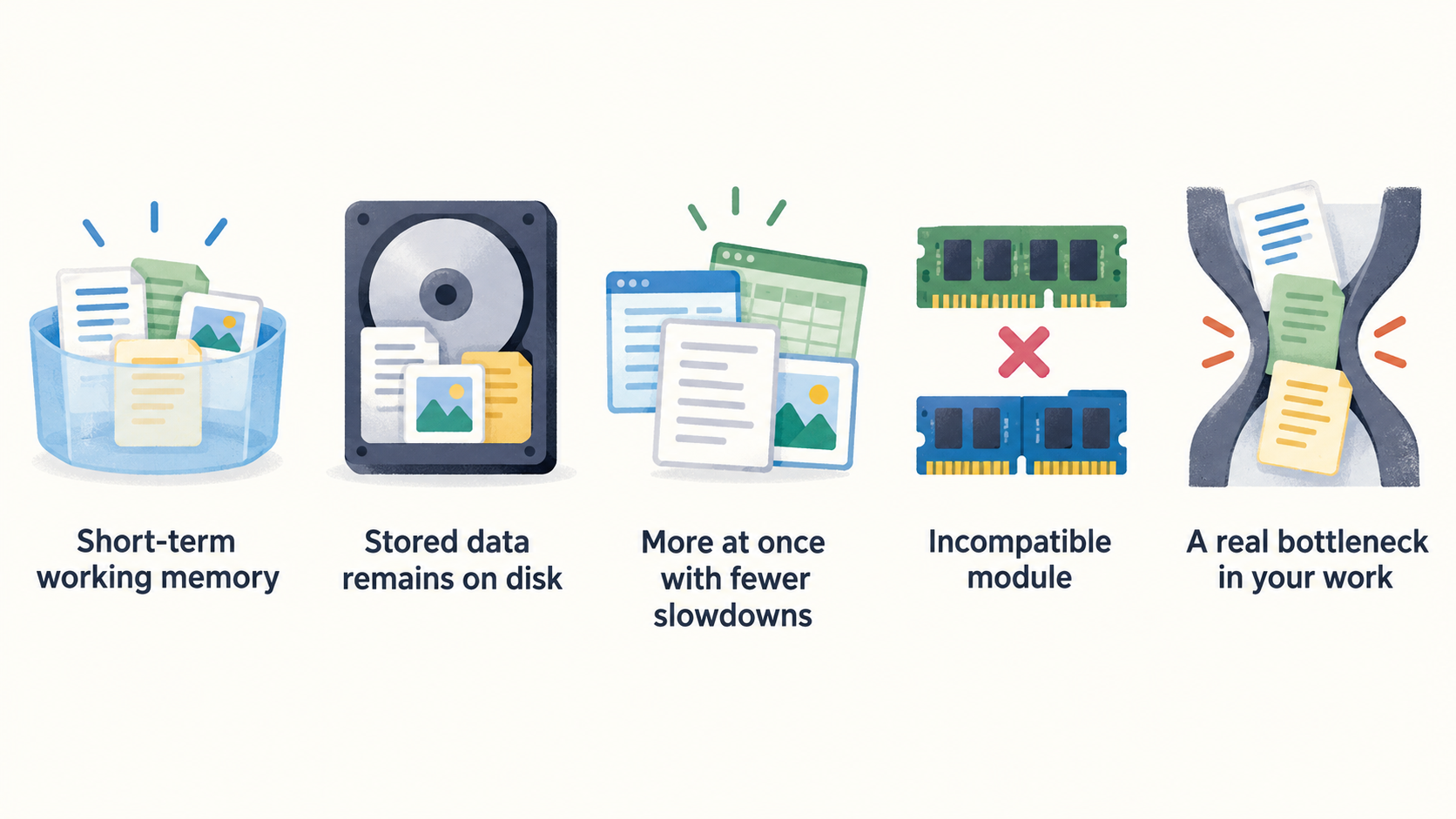 Show one numbered checklist of the section's four checks: use workload bands to assess a real bottleneck; compare supported memory type, speed, and module layout; confirm installed memory and the documented configuration; check for a precise part identifier and clear return route.