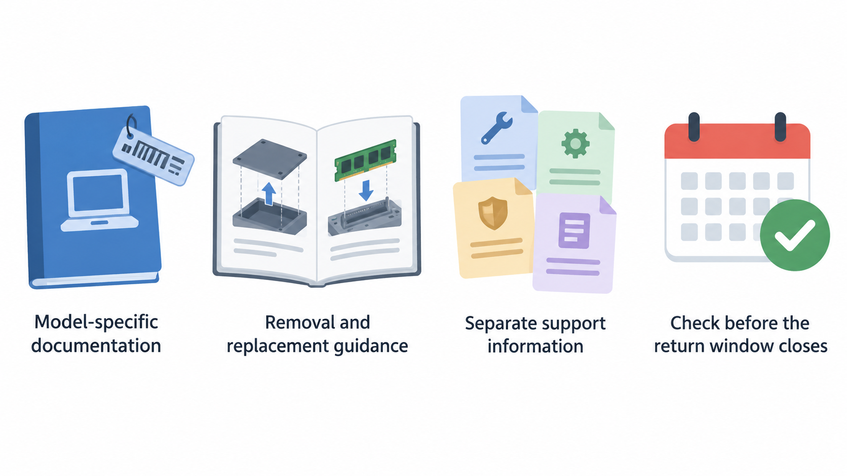Show one row of icons for details the section says useful repair guides identify: component; order of removal; fasteners or connectors; safety steps; part identifiers.